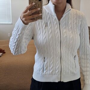 Lauren Ralph Lauren White Cable Knit Full Zip Cardigan Sweater 100% Cotton XL